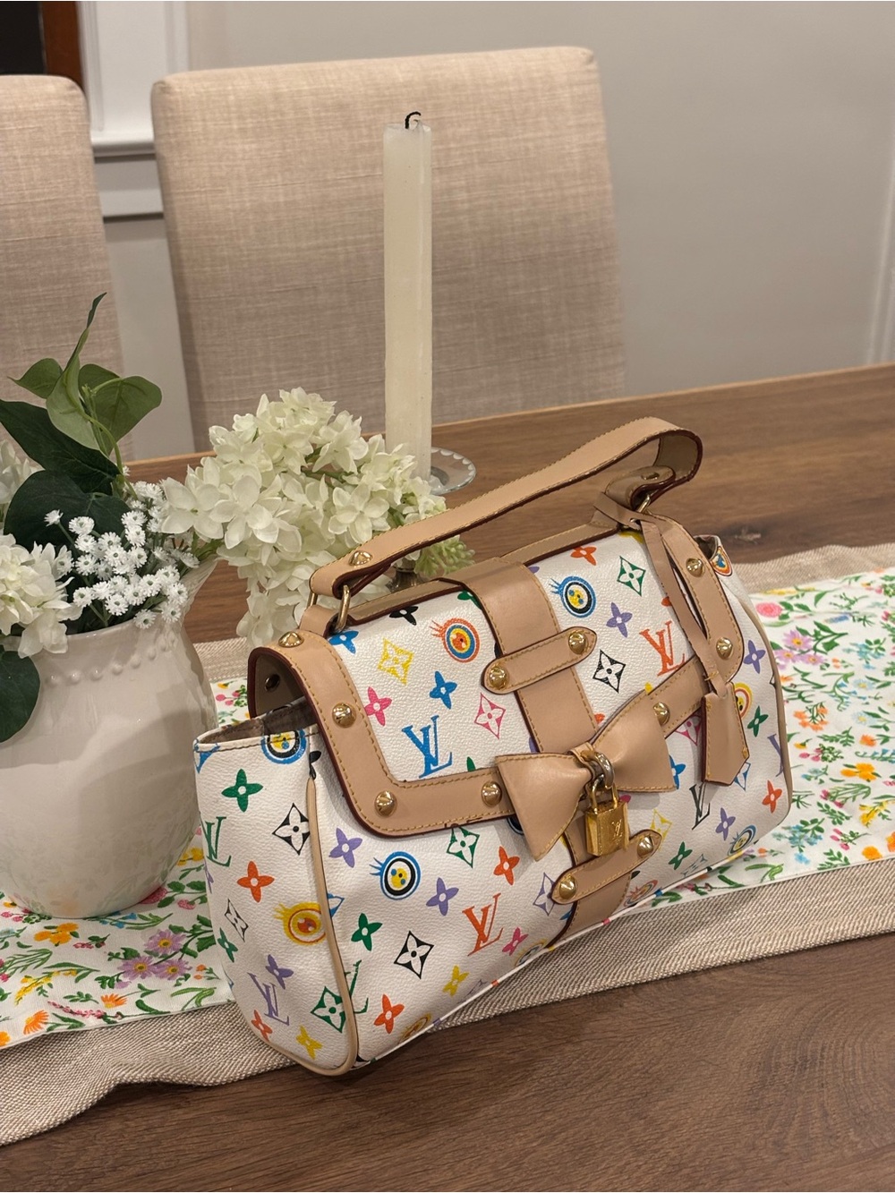 Louis Vuitton White Multicolor Monogram Canvas Shoulder Bag with Bow - Picture 3 of 5